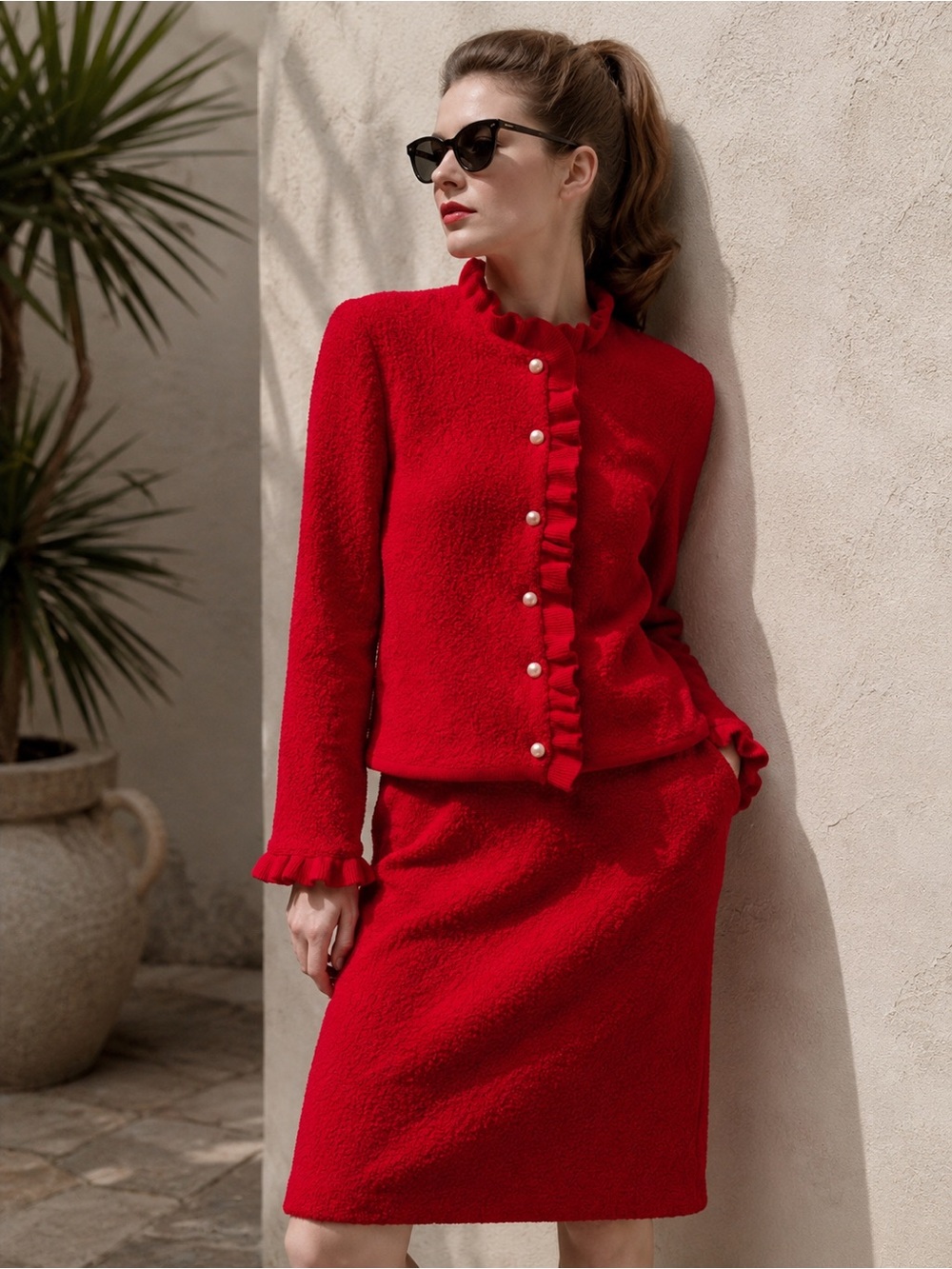 Vintage Chanel-esque Lady Anne Cherry Red Bouclé Knit Skirt Suit Set